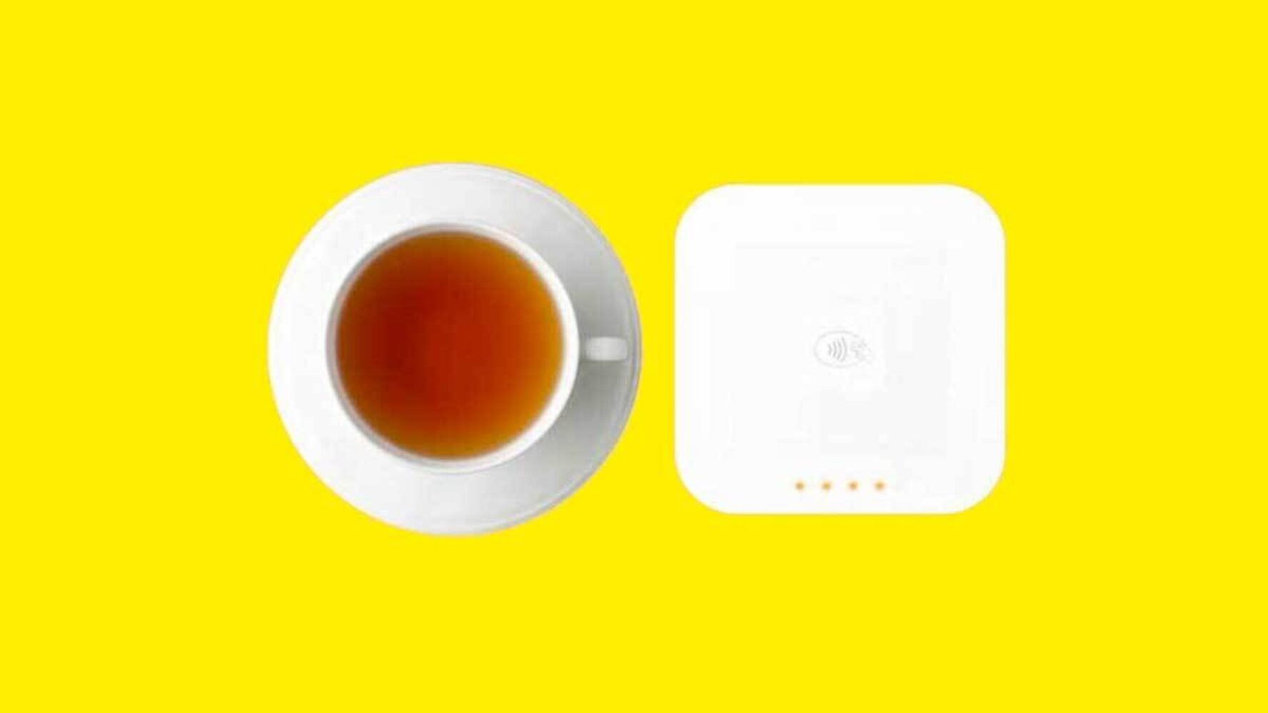 A teacup and a payment card reader. Viewed from above, they form a circle and a square, which is the motif of the Social Finance logo