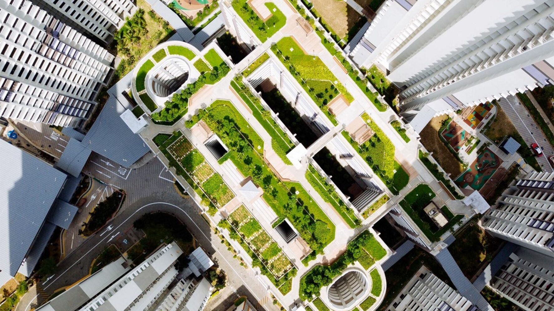 Amongst skyscrapers, a verdant rooftop park.